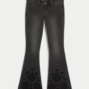Hollister Ultra Low-Rise Floral Embroidery Washed Black Flare Jeans